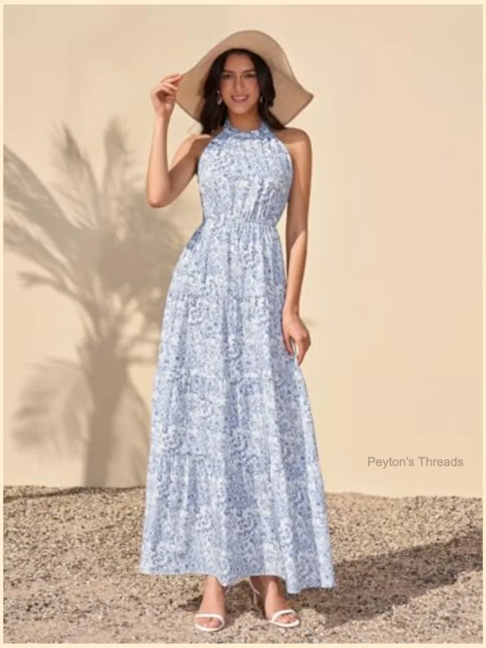 Halter Boho Maxi Dress with Floral Print - A-Line Flowy Tiered for Wedding - Picture 5 of 6